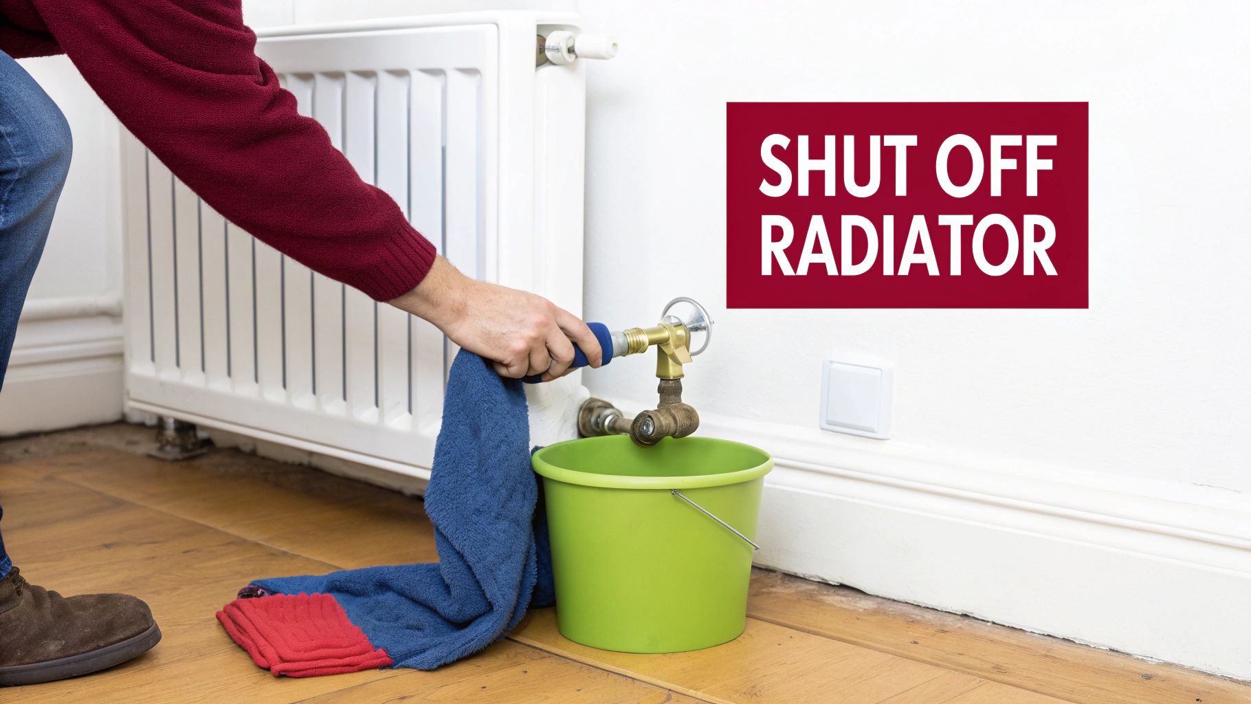 How To Stop A Radiator Leak A Practical Homeowner'S Guide 2 A Person Prepares To Shut Off A Radiator, With A Bucket And Towel Nearby For Maintenance.