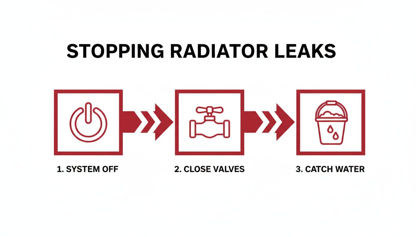 How To Stop A Radiator Leak A Practical Homeowner'S Guide 1 A Three-Step Visual Guide Showing How To Stop Radiator Leaks: Turn Off The System, Close Valves, And Catch Water.