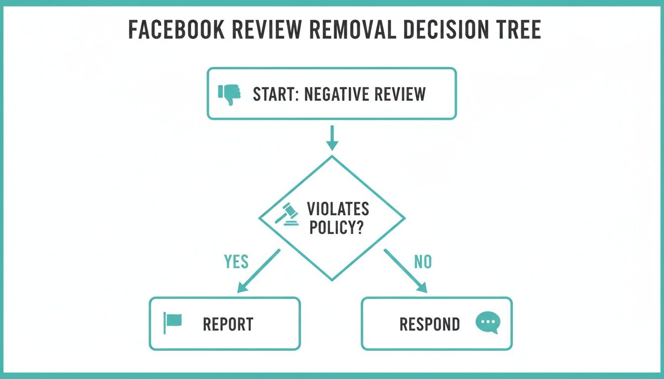 A Facebook review removal decision tree flowchart, showing steps for negative reviews based on policy violation.
