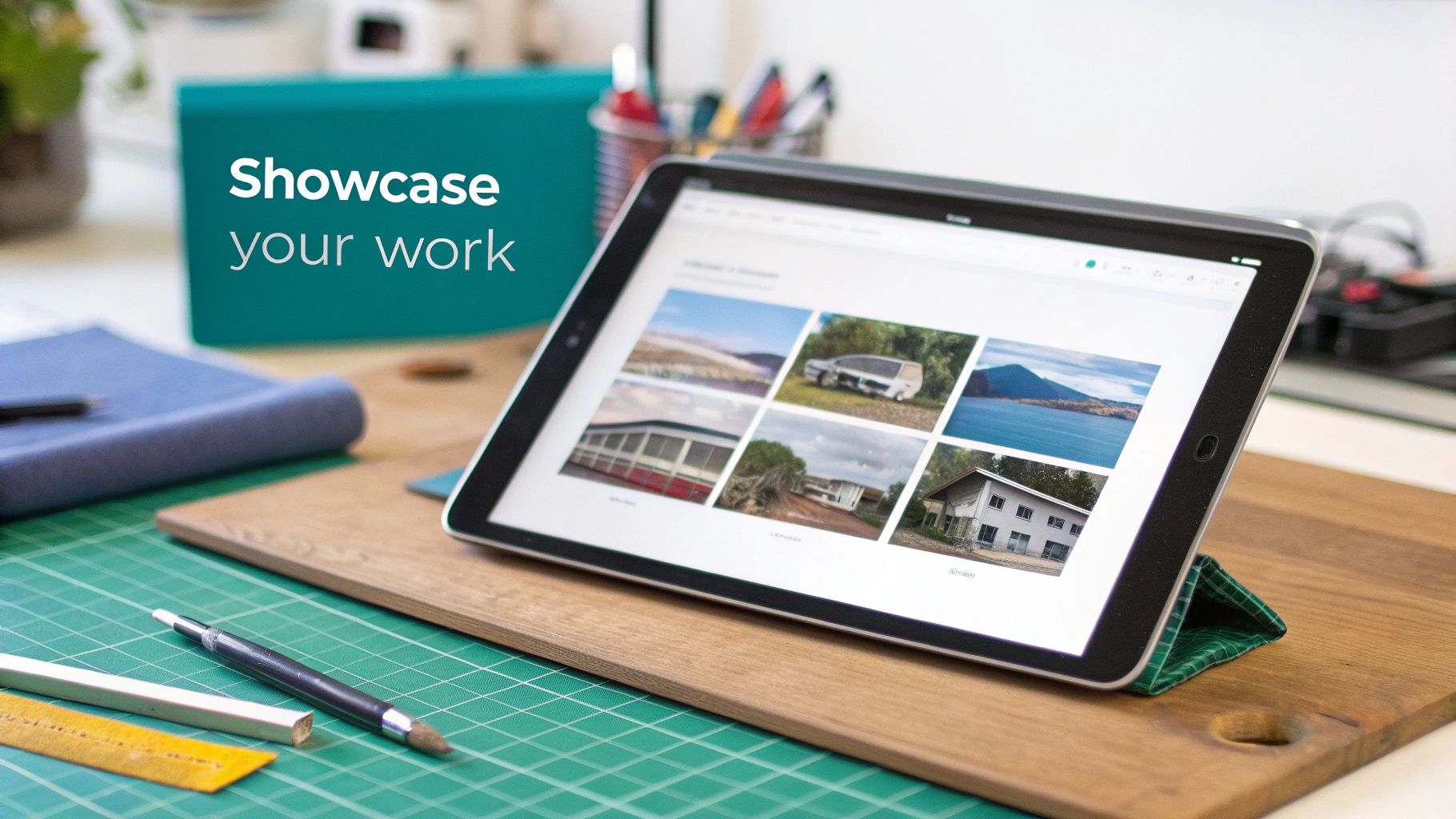 A tablet displaying a digital photo gallery and 'Showcase your work' on a creative workspace.