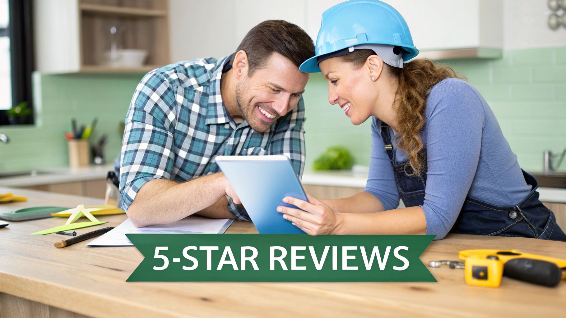 Smiling man and woman in a kitchen reviewing a tablet, with the text "5-STAR REVIEWS" overlayed.
