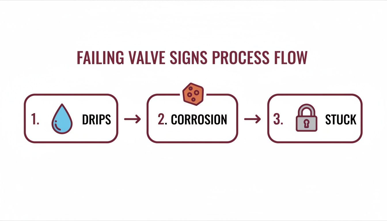 A Process Flow Diagram Illustrating Three Signs Of A Failing Valve: Drips, Corrosion, And Stuck.