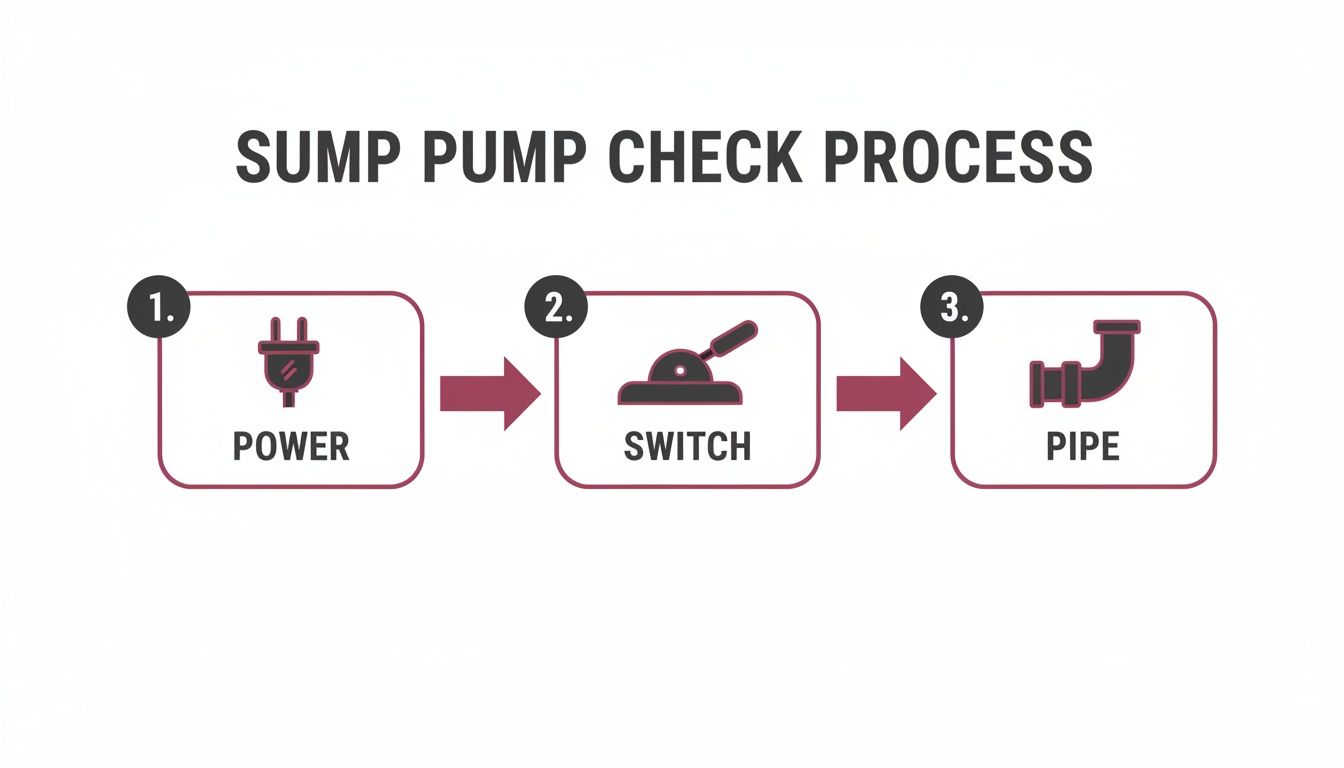 How To Tell If Sump Pump Is Working: A Quick, Practical Guide 1 Infographic Showing A Three-Step Sump Pump Check Process: Power, Switch, And Pipe, With Numbered Icons.