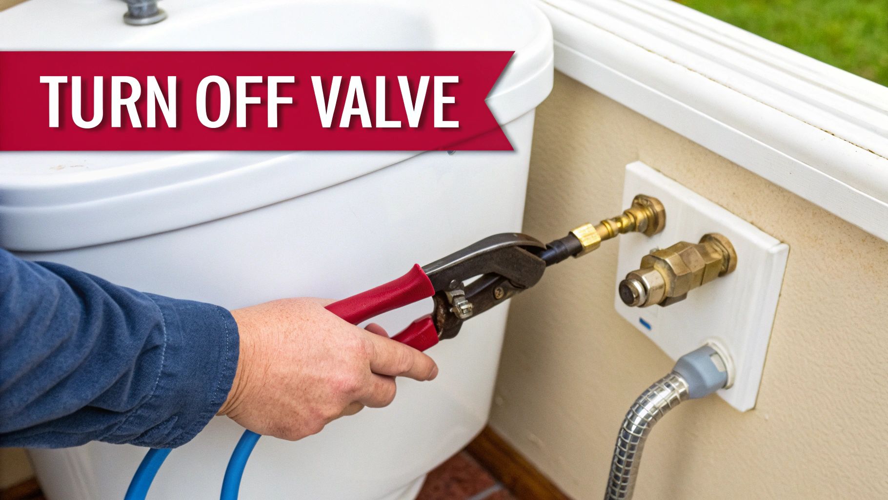 A Person Uses Pliers To Work On A Water Shut-Off Valve Connected To A Toilet, With A Red Banner Stating &Quot;Turn Off Valve.&Quot;