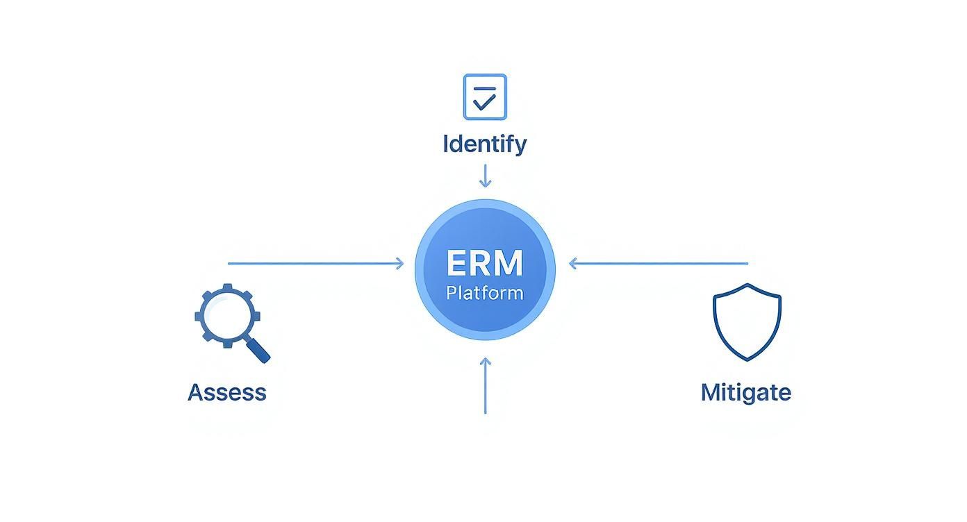Diagram illustrating the Enterprise Risk Management (ERM) platform process: Identify, Assess, Mitigate.