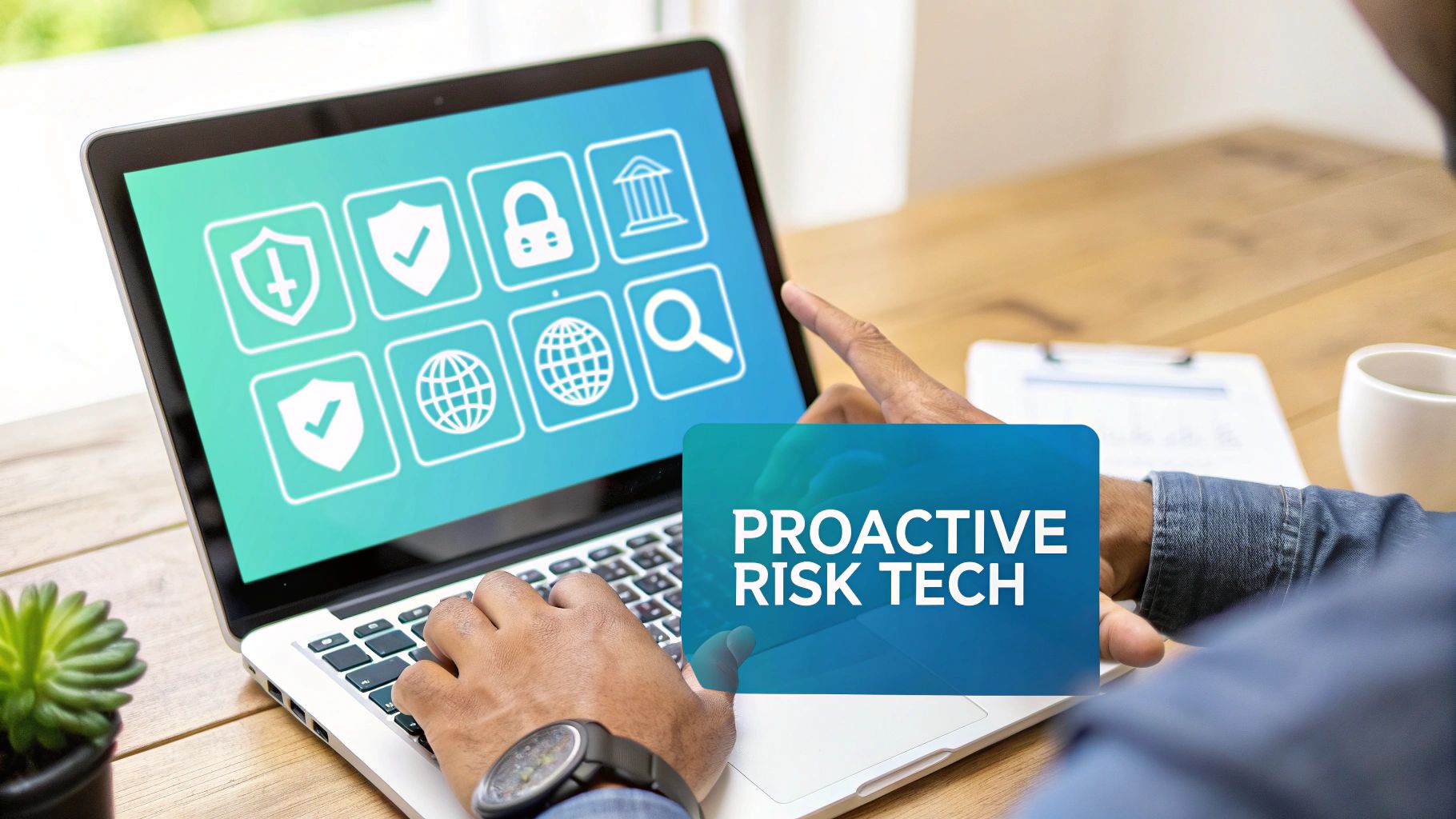 Persona interactuando con una computadora portátil que muestra íconos de ciberseguridad y el texto 'PROACTIVE RISK TECH', que significa seguridad digital.