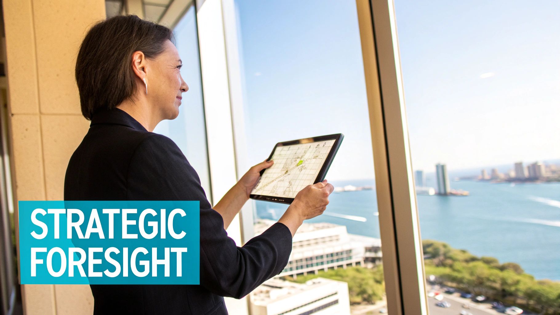 Una mujer de negocios con traje sostiene una tableta con un mapa mientras mira por una ventana el horizonte de la ciudad y el agua.