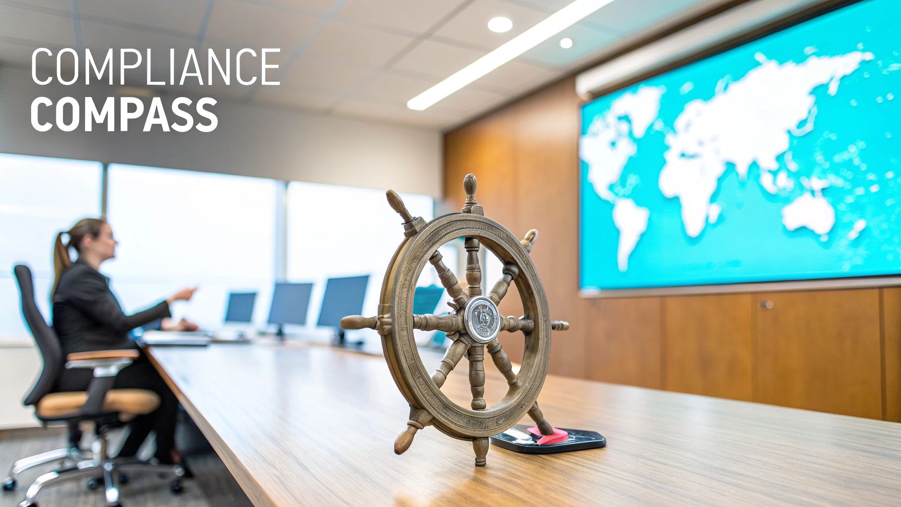 Corporate compliance meeting with a decorative ship's wheel and a world map display.