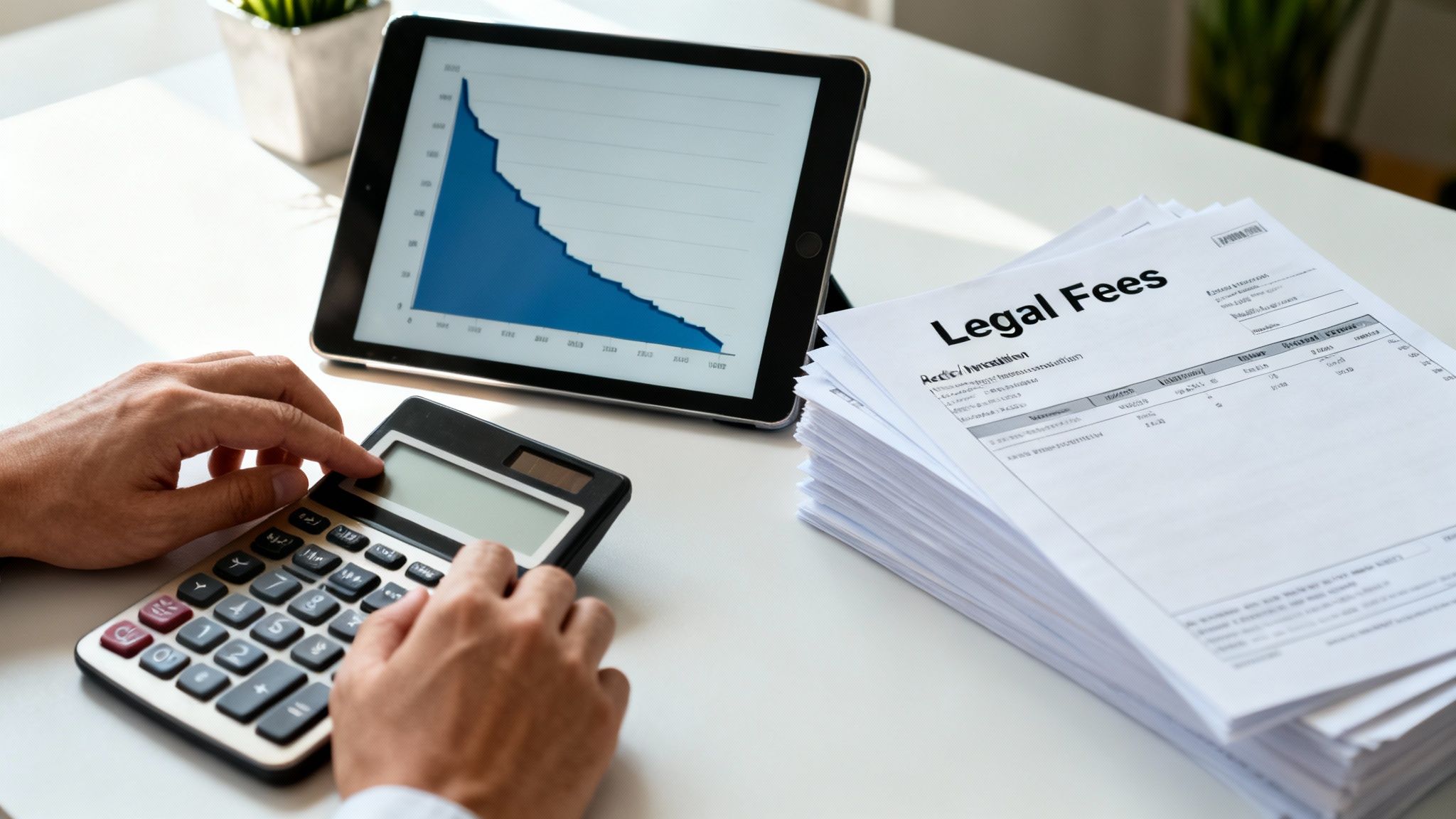 Person calculating legal fees using a calculator, with documents and a tablet showing a declining graph.