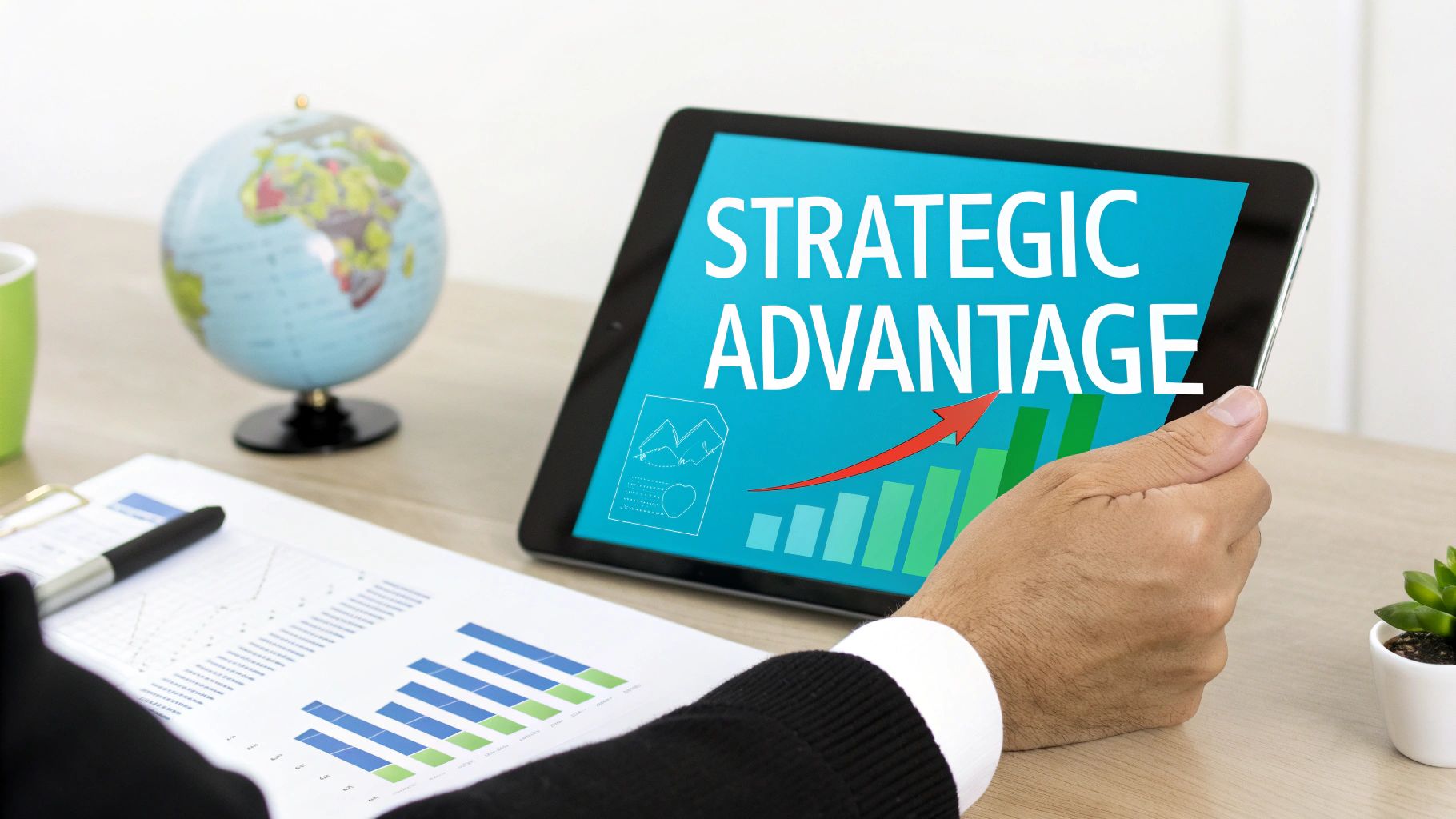 A hand holds a tablet displaying 'Strategic Advantage' with a rising graph, alongside a globe and paper charts.