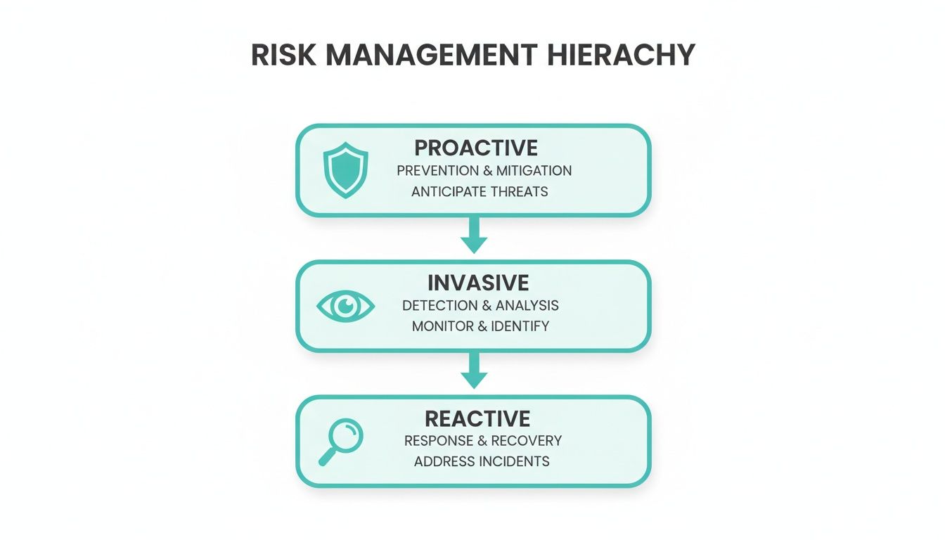 Un diagrama titulado 'Jerarquía de gestión de riesgos' que ilustra estrategias proactivas, invasivas y reactivas con íconos y descripciones.