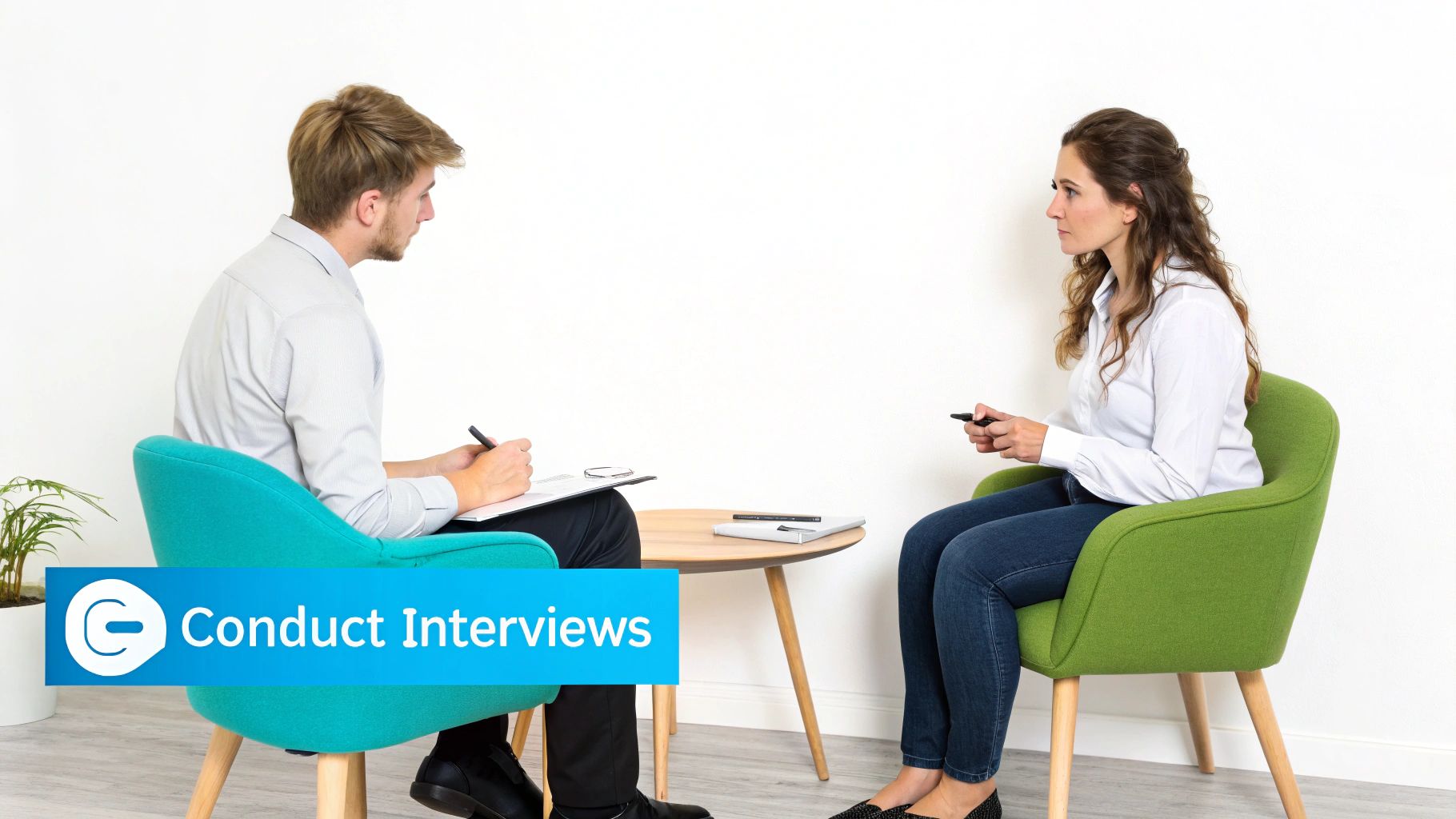 Two professionals conducting an interview, one taking notes on a clipboard, the other listening intently.