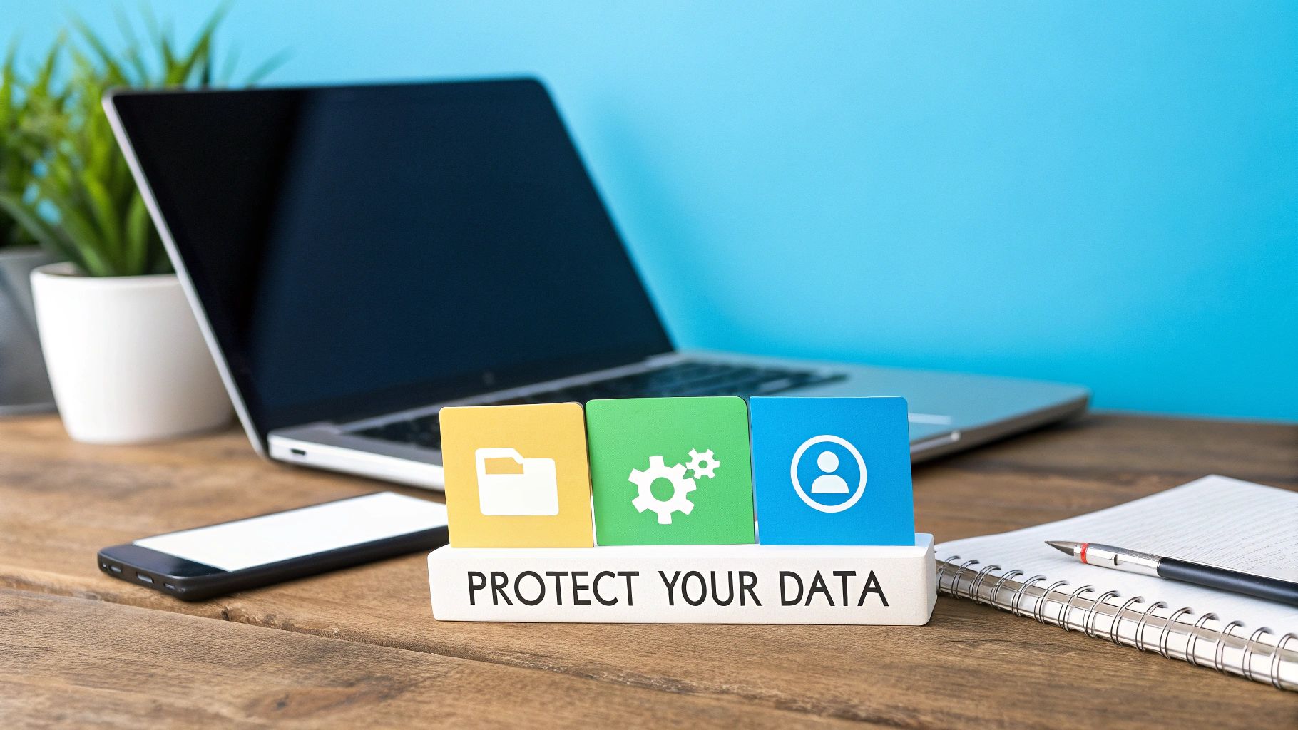 Desk setup with laptop, smartphone, and 'PROTECT YOUR DATA' sign featuring security icons.
