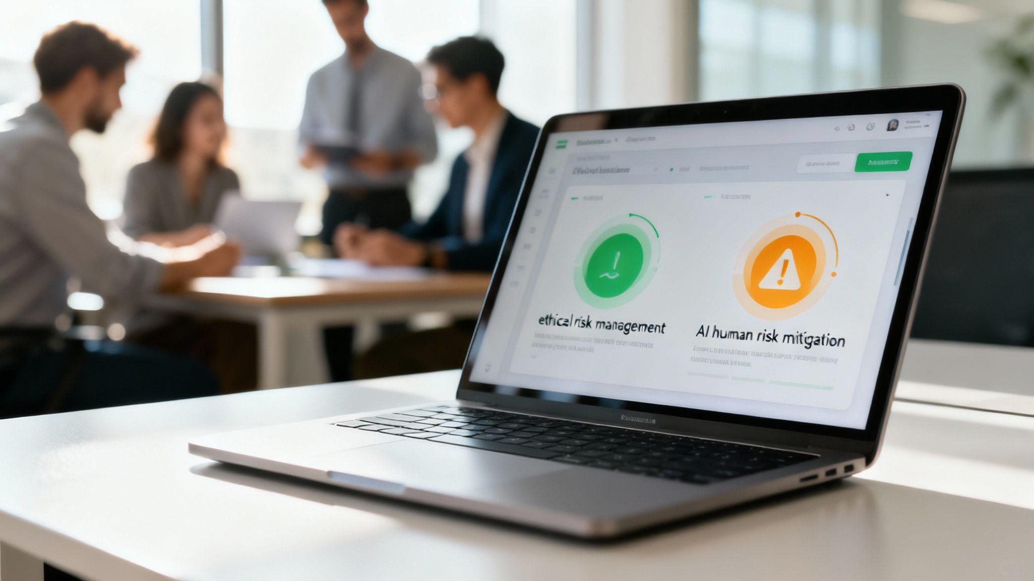 A laptop displays risk management and AI human risk mitigation dashboards in a bright office meeting.