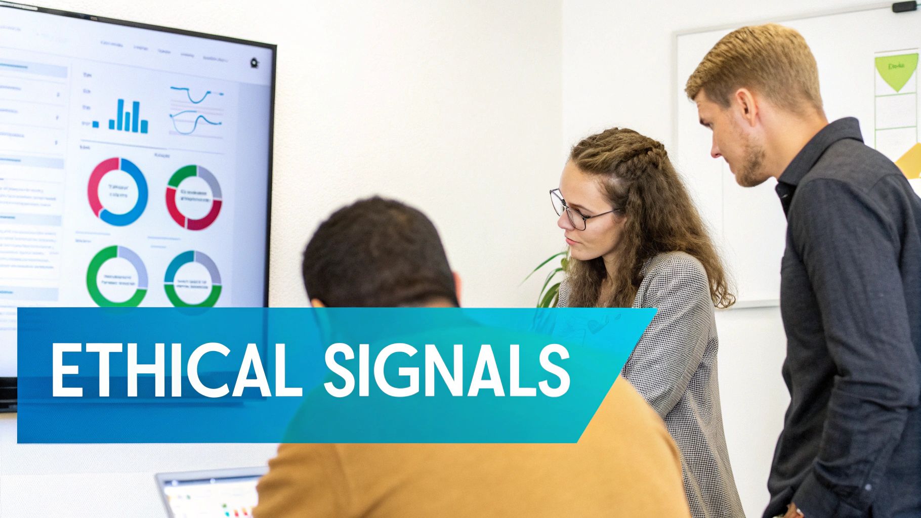 Three colleagues in an office review data analysis on a large screen, with an overlay of “ETHICAL SIGNALS”.