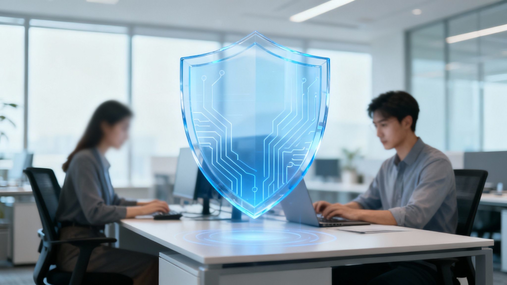 A professional environment where people are collaborating, suggesting a positive and secure work culture.