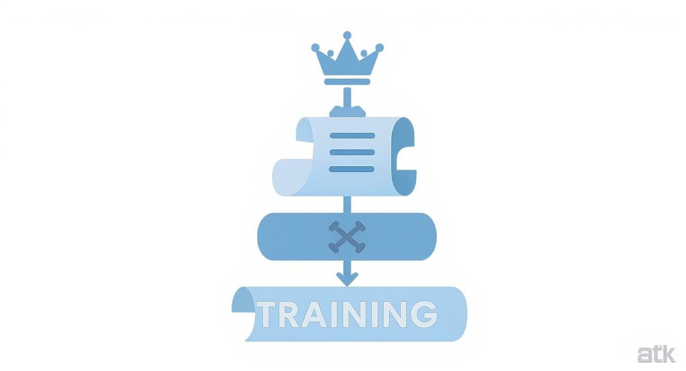 A stylized blue diagram outlining a process from a crown and document to a "TRAINING" label.