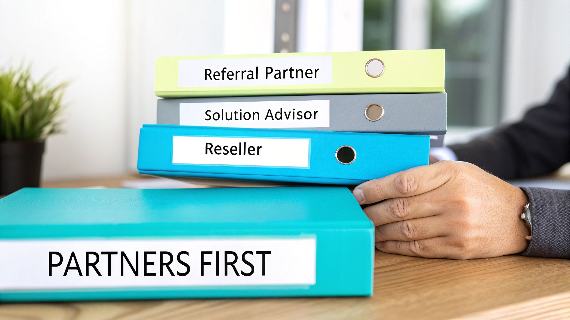 A hand reaching for a "PARTNERS FIRST" binder, with "Referral Partner", "Solution Advisor", and "Reseller" binders stacked above.