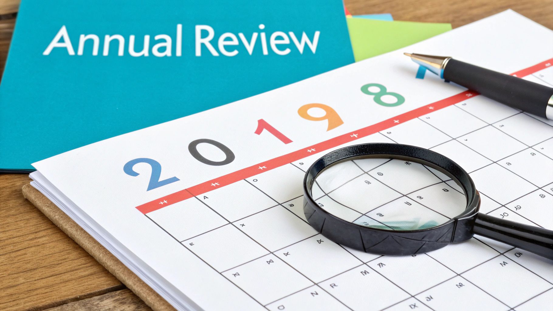 A calendar page showing &#39;2019&#39; with a magnifying glass, pen, and &#39;Annual Review&#39; folder, symbolizing a yearly assessment.
