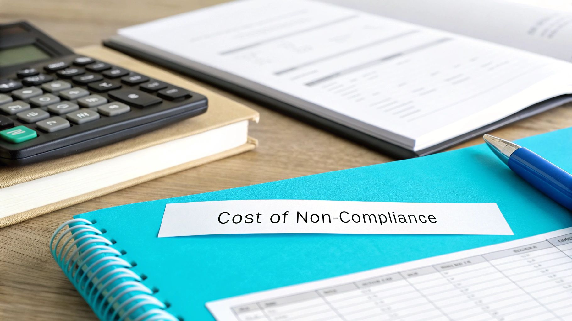 A calculator, books, a blue notebook with a 'Cost of Non-Compliance' label, and a pen on a wooden desk.