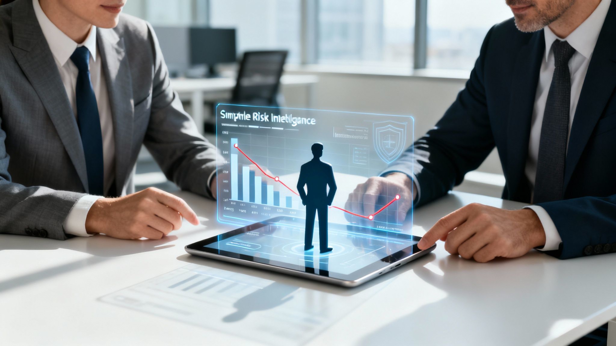 Two businessmen analyze a holographic 'Simple Risk Intelligence' display with charts on a tablet.