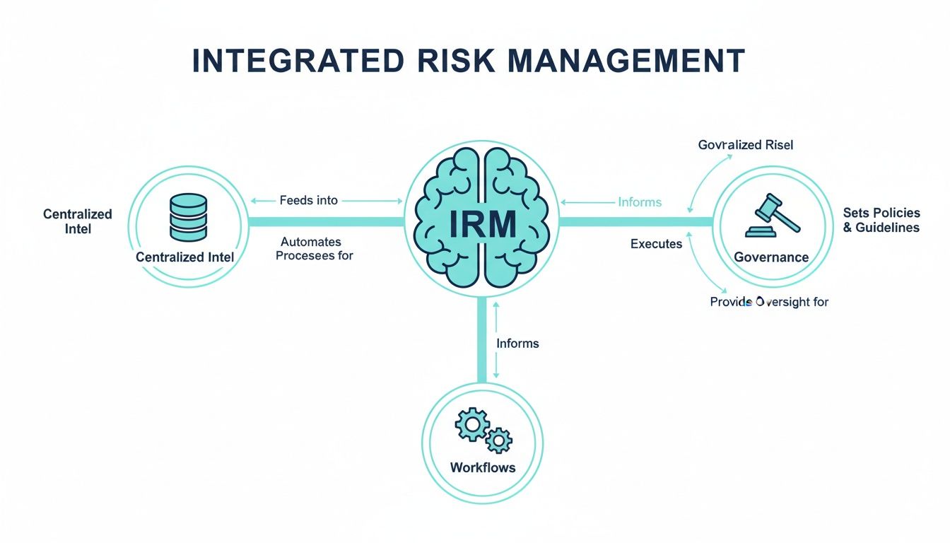 Diagram illustrating the Integrated Risk Management (IRM) system that connects centralized intelligence, governance, and workflows.