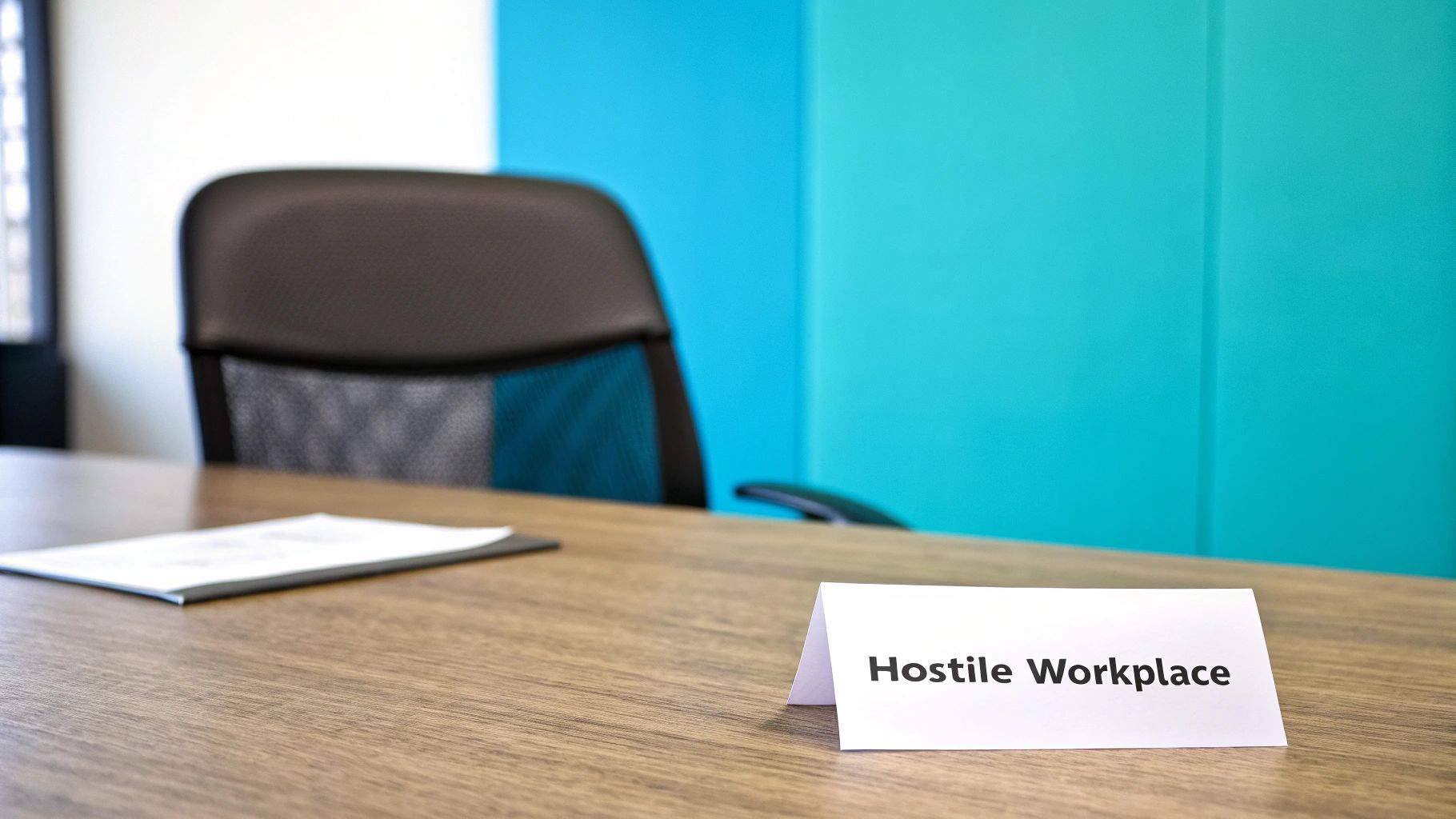 An office desk with a sign stating 'Hostile Workplace', an empty chair, and documents.