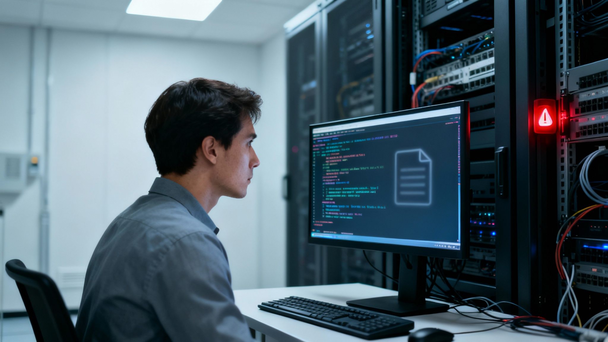 Un hombre concentrado trabaja en una computadora con código en un centro de datos, una alerta roja visible.