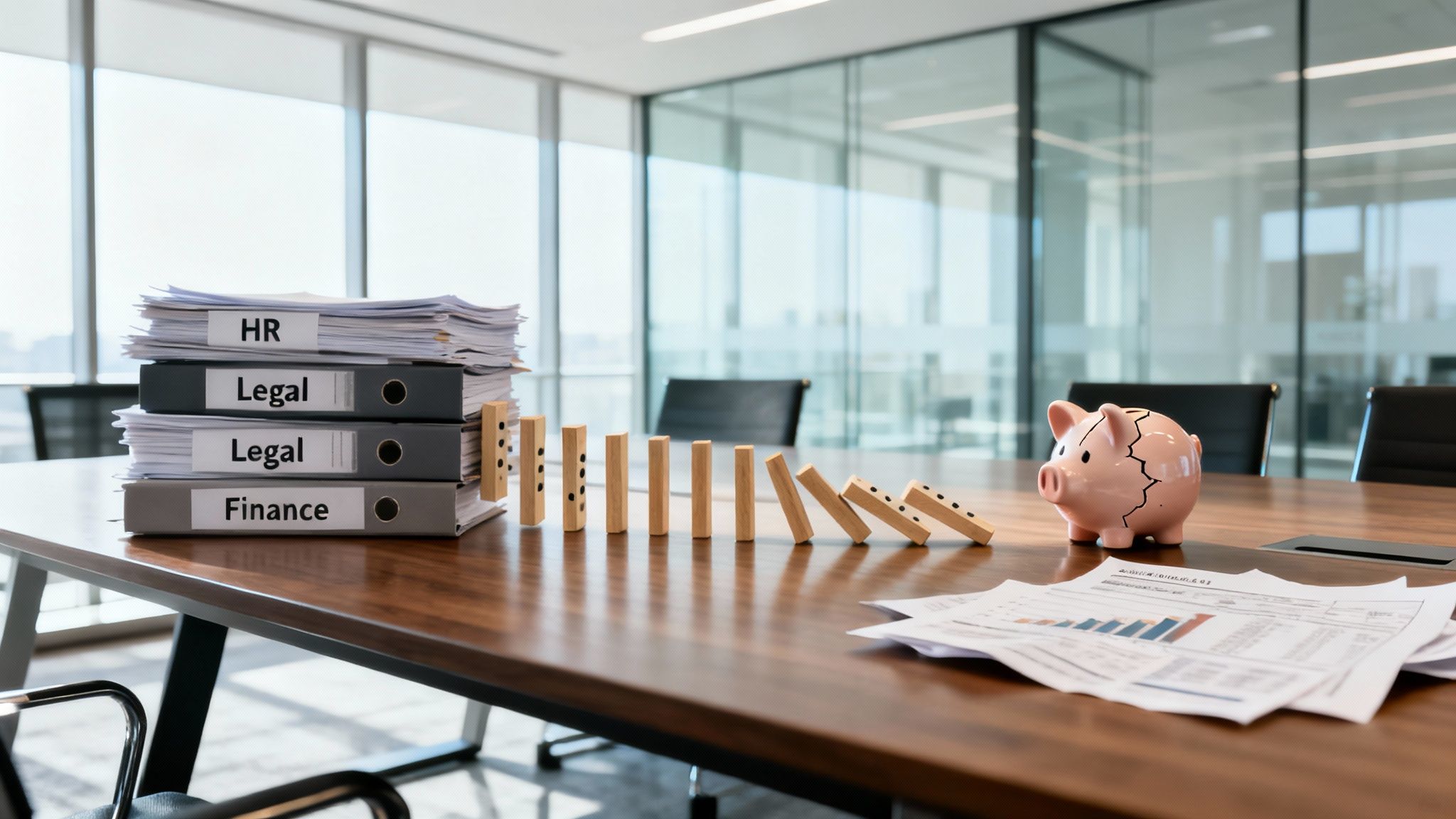 Dominós cayendo hacia una alcancía rota, gráficos financieros y carpetas de departamentos de oficina.