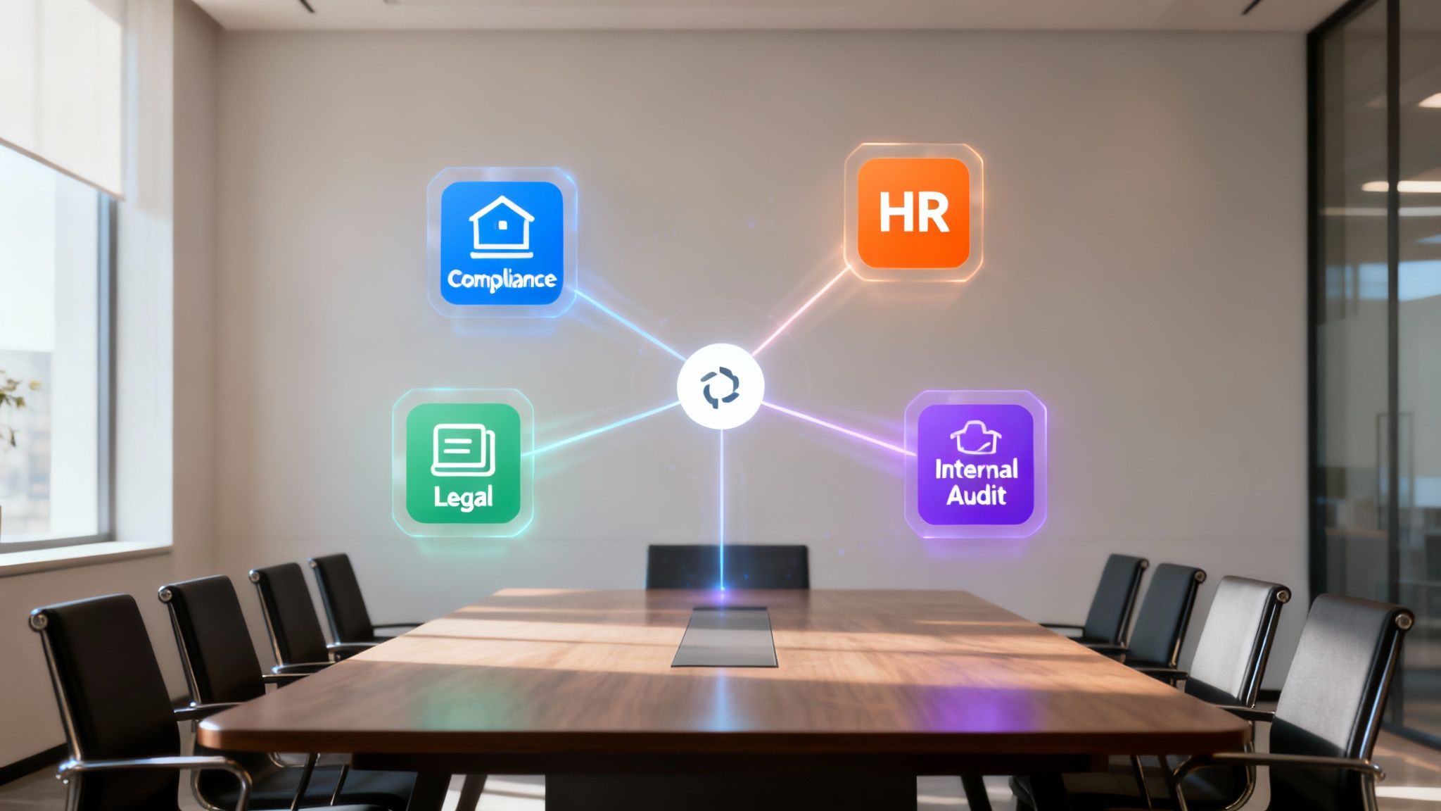 Meeting room with a central icon connecting Compliance, HR, Legal, and Internal Audit functions.