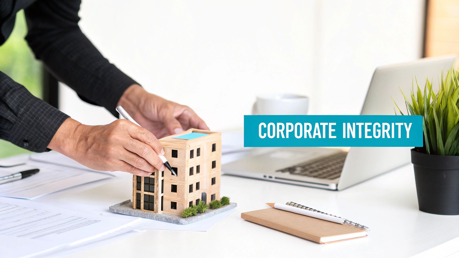 Hands working on a miniature building model with &#39;Corporate Integrity&#39; text on a banner.