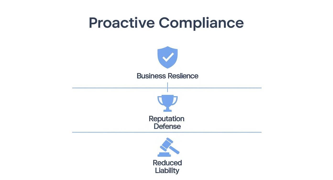 Infografía que muestra que un programa proactivo de ética y cumplimiento genera resiliencia empresarial al defender la reputación y reducir la responsabilidad.