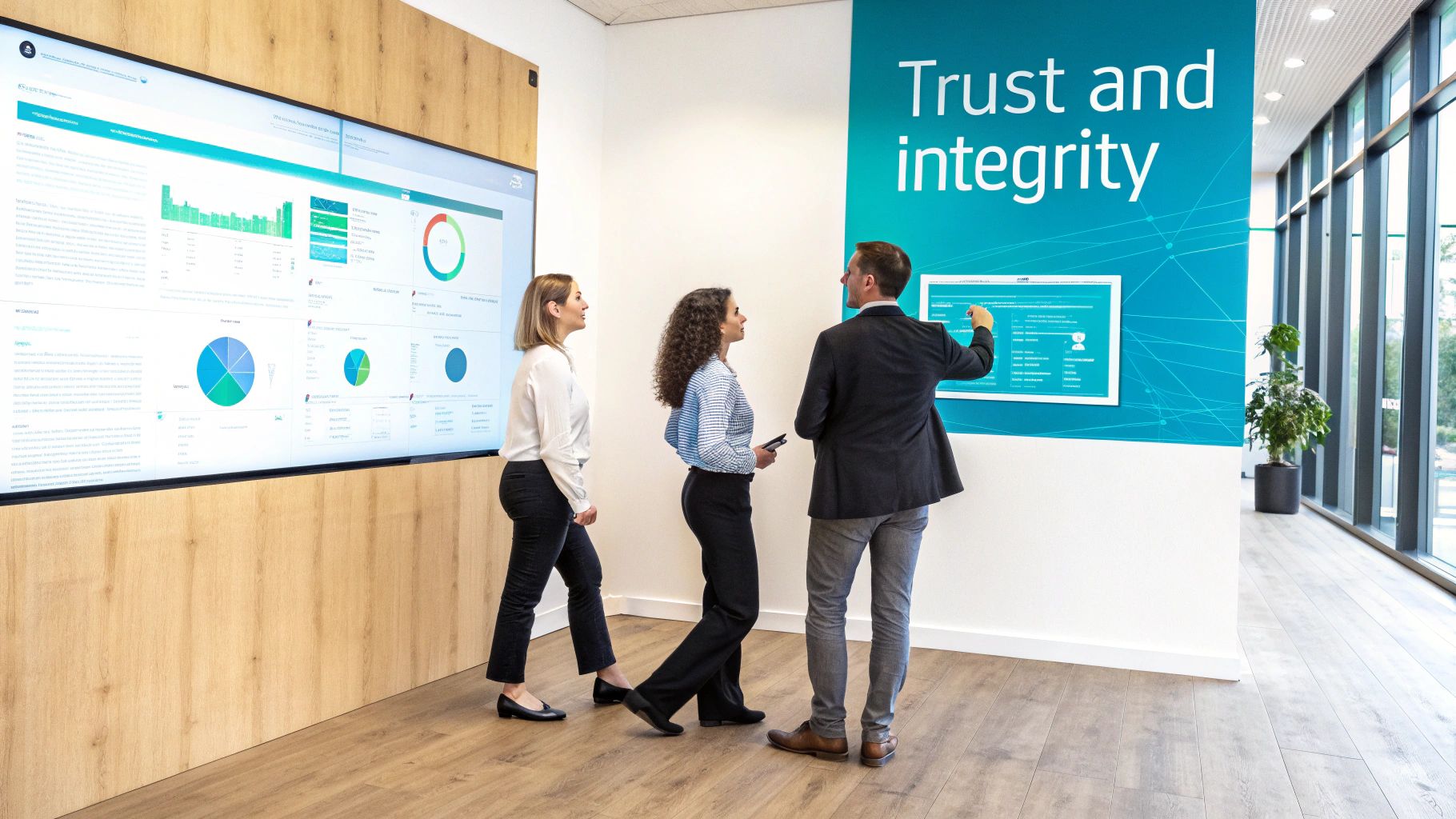 Tres colegas en una oficina moderna revisan datos en una pantalla grande y discuten sobre una pantalla de pared.