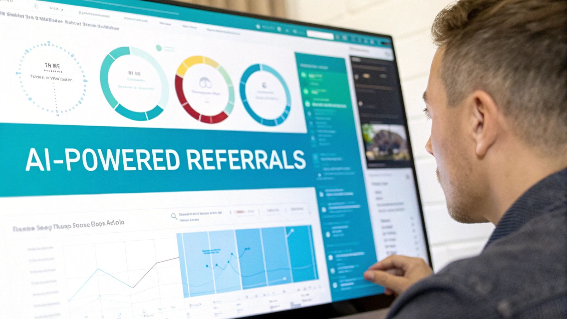 Man viewing a computer screen displaying an AI-powered referral marketing dashboard with charts and data.