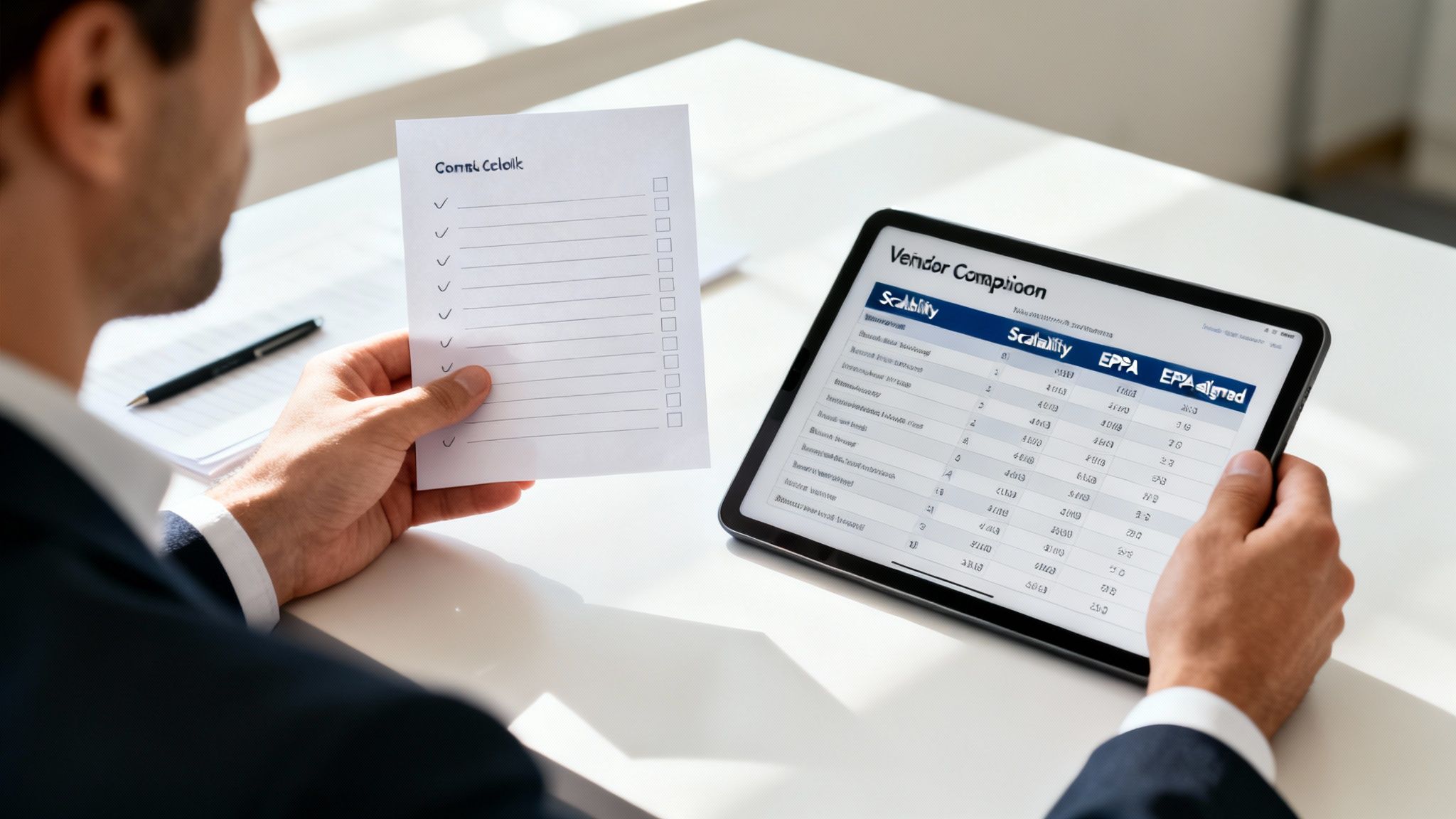 Businessman comparing digital vendor assessment data on a tablet with a physical compliance checklist.