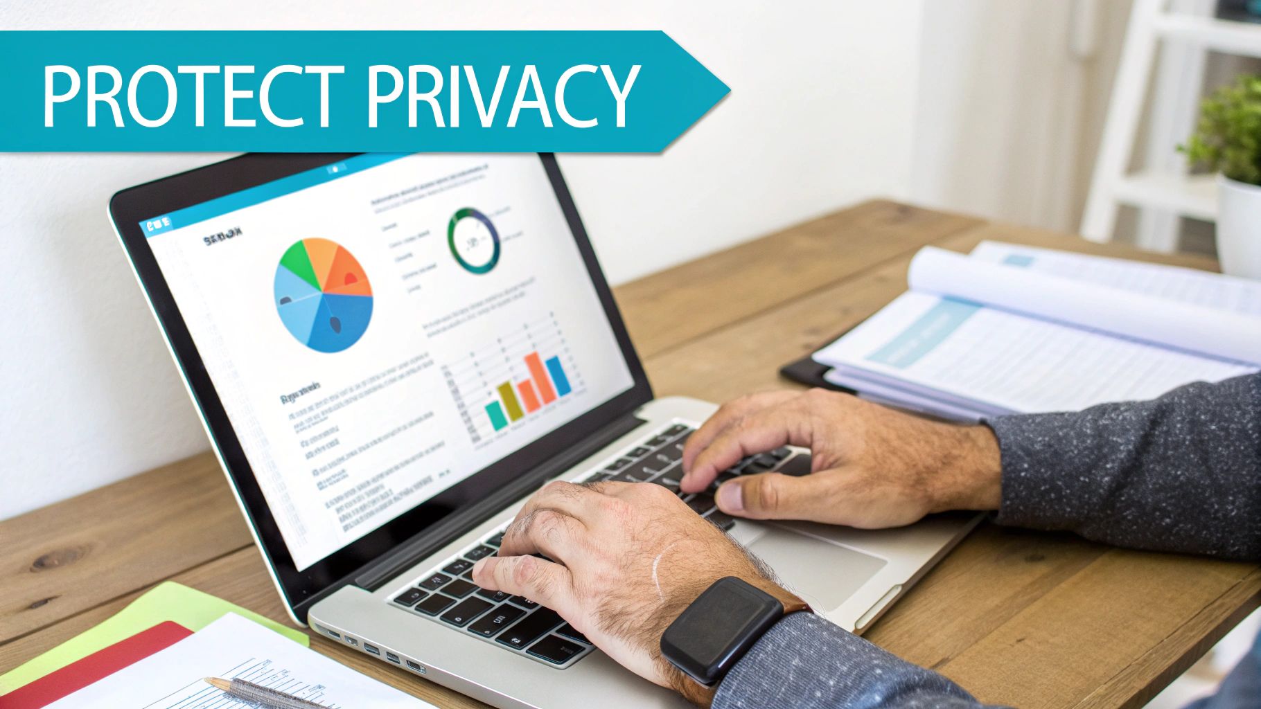 A person's hands type on a laptop screen displaying data charts with a 'PROTECT PRIVACY' banner.