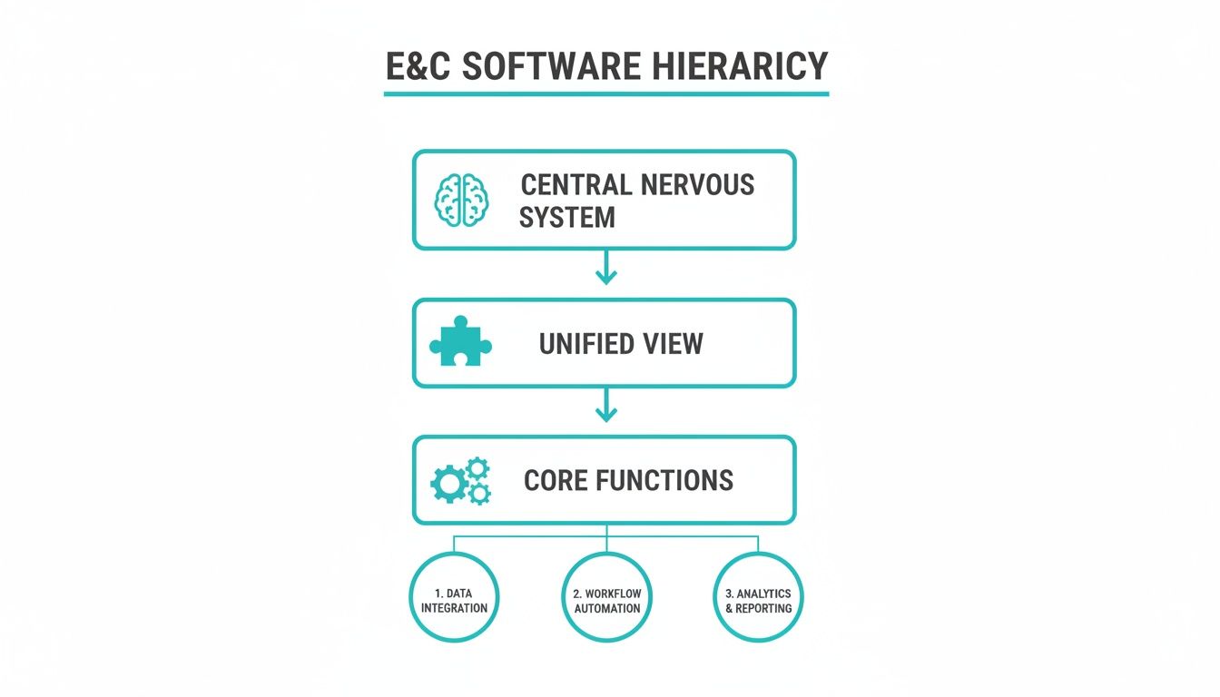 Un diagrama jerárquico que ilustra la arquitectura del software E&amp;C, desde el sistema nervioso central hasta las funciones principales.