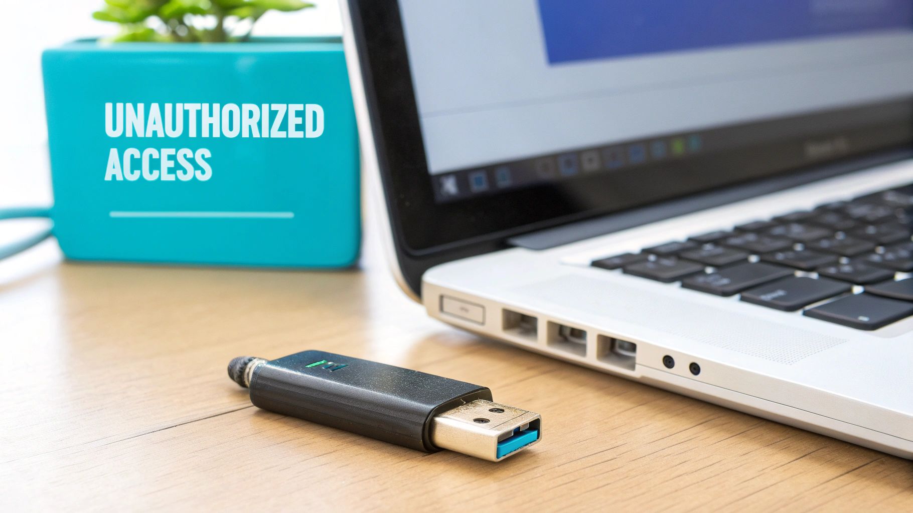 A USB drive on a wooden desk next to a laptop, with a teal sign warning of unauthorized access.