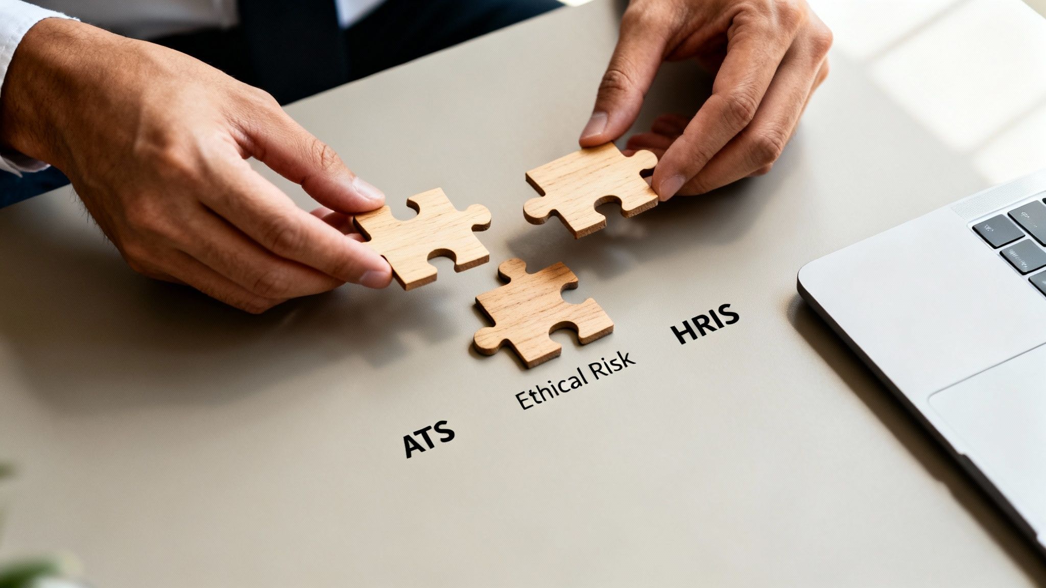 Hands connecting wooden puzzle pieces labeled ATS, Ethical Risk, and HRIS on a desk.