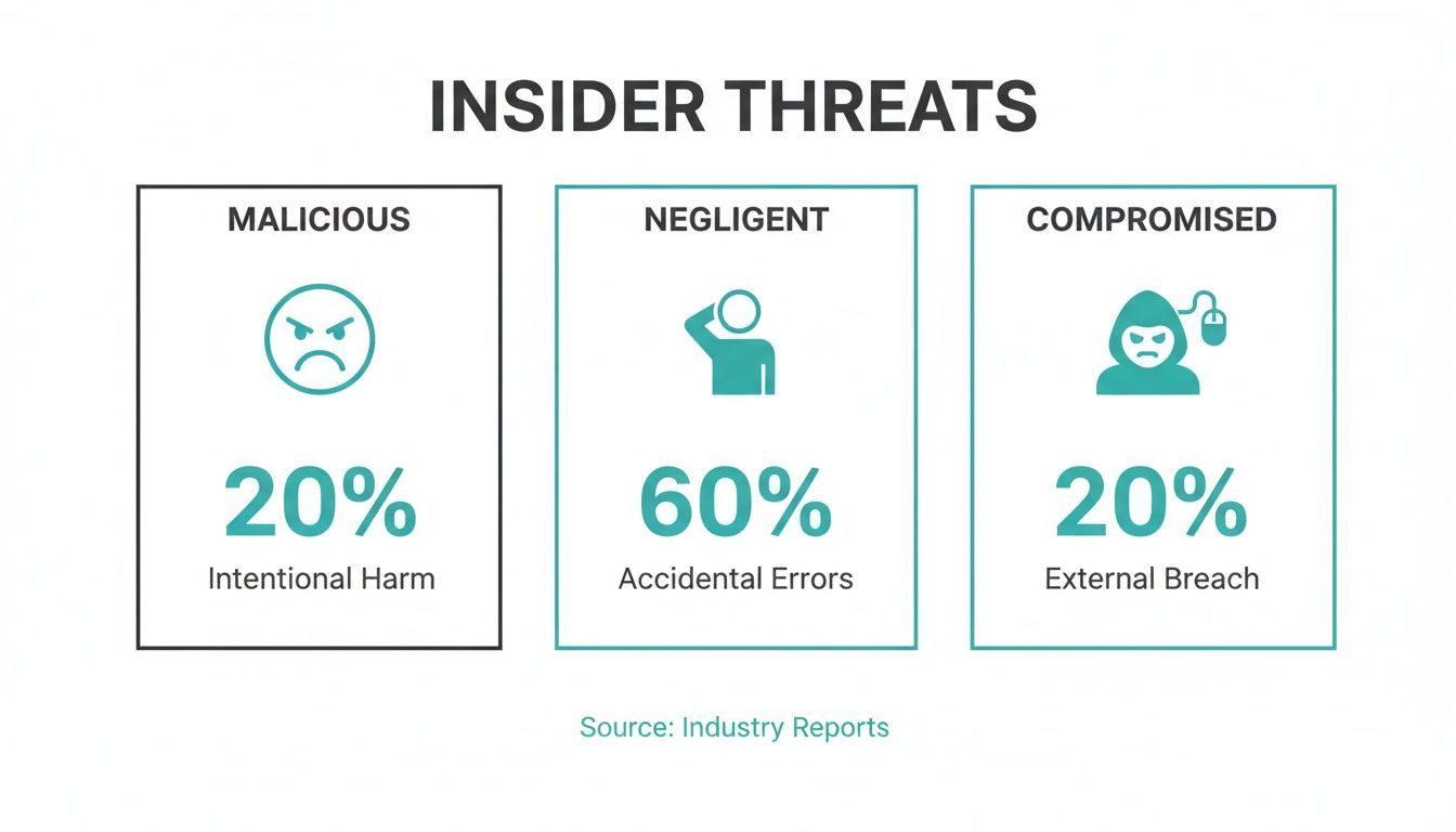 Infographic illustrating insider threats: 20% malicious, 60% negligent, and 20% compromised sources.