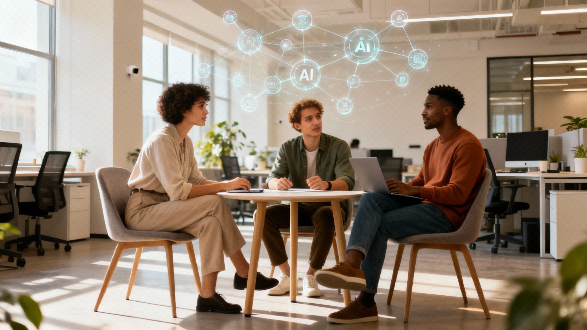 Business colleagues collaborate in a modern office, visualizing an AI network overhead.