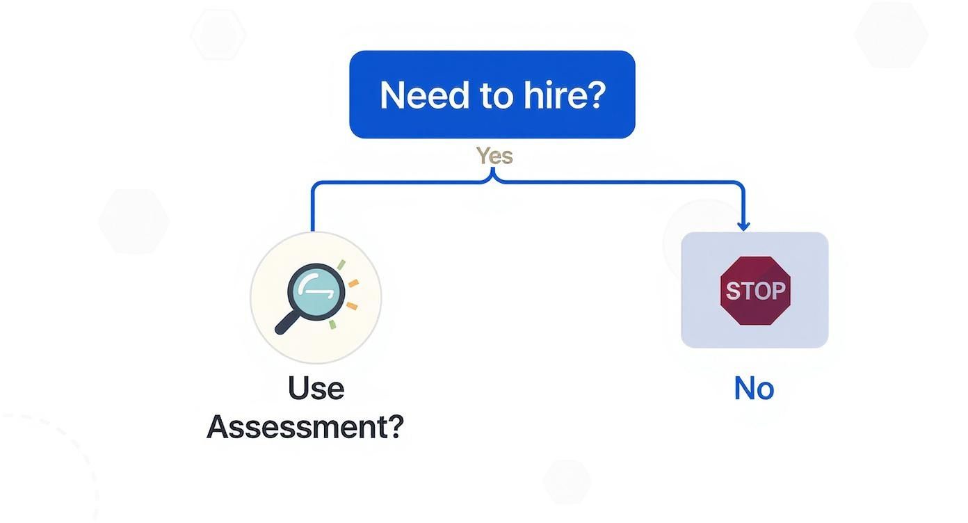 A simple flowchart asking &#39;Need to hire?&#39; and branching to &#39;Use Assessment?&#39; or &#39;No&#39; (stop).