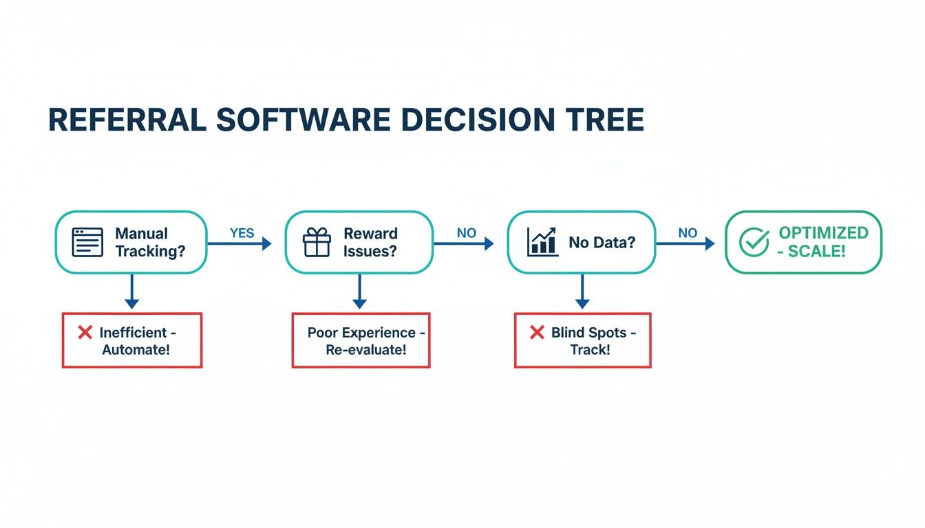 A referral software decision tree flowchart, showing steps from manual tracking to optimized scaling solutions.