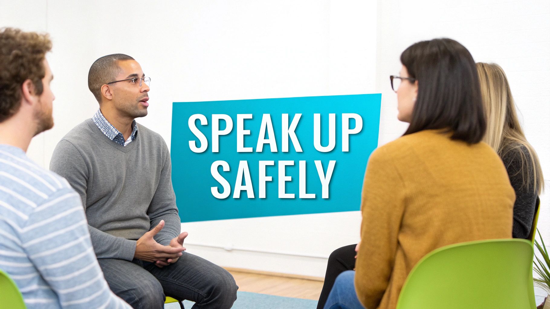 A diverse group of adults participating in a discussion with a "Speak Up Safely" banner behind them.