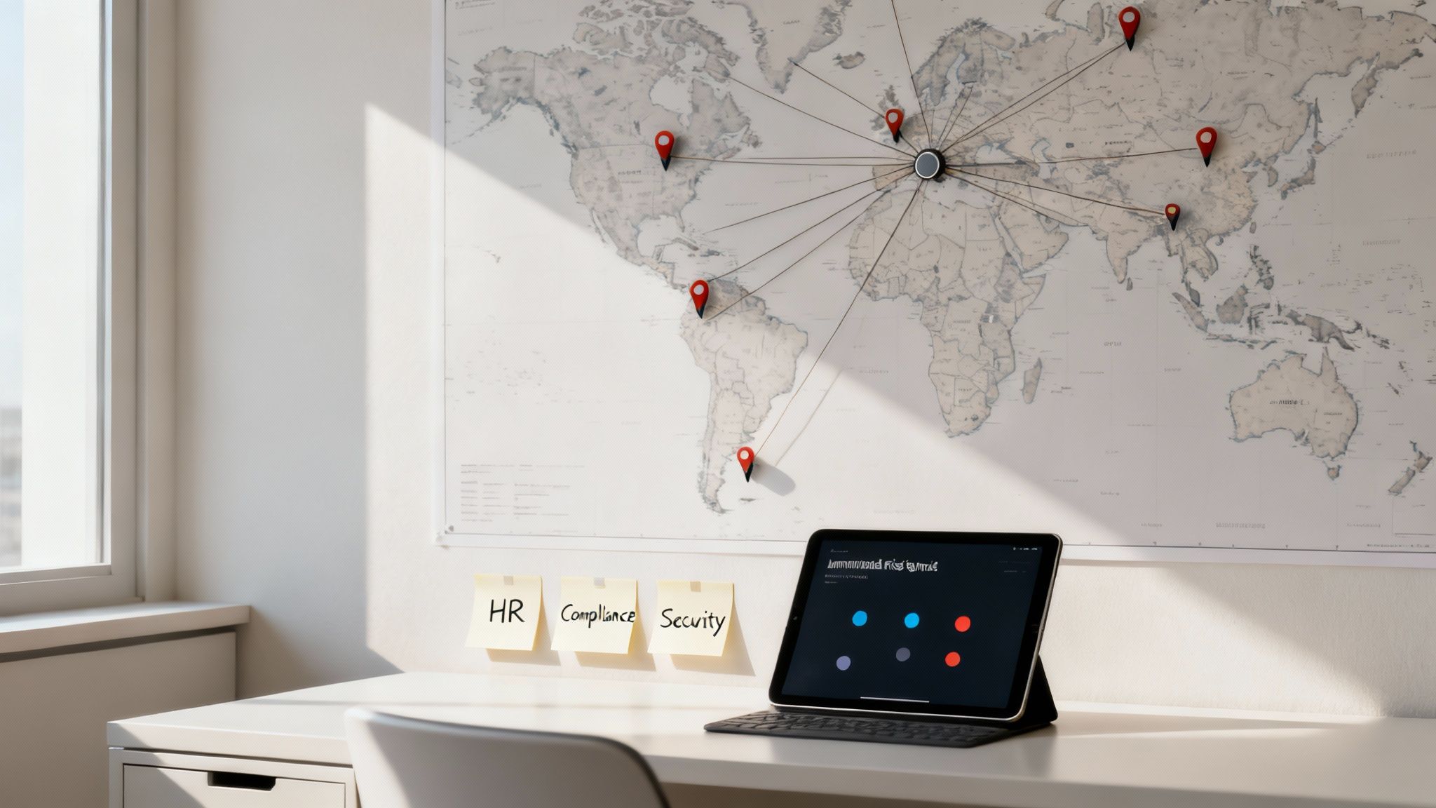 Escritorio de oficina moderno con un mapa del mundo que muestra ubicaciones interconectadas, recursos humanos, cumplimiento y notas de seguridad.