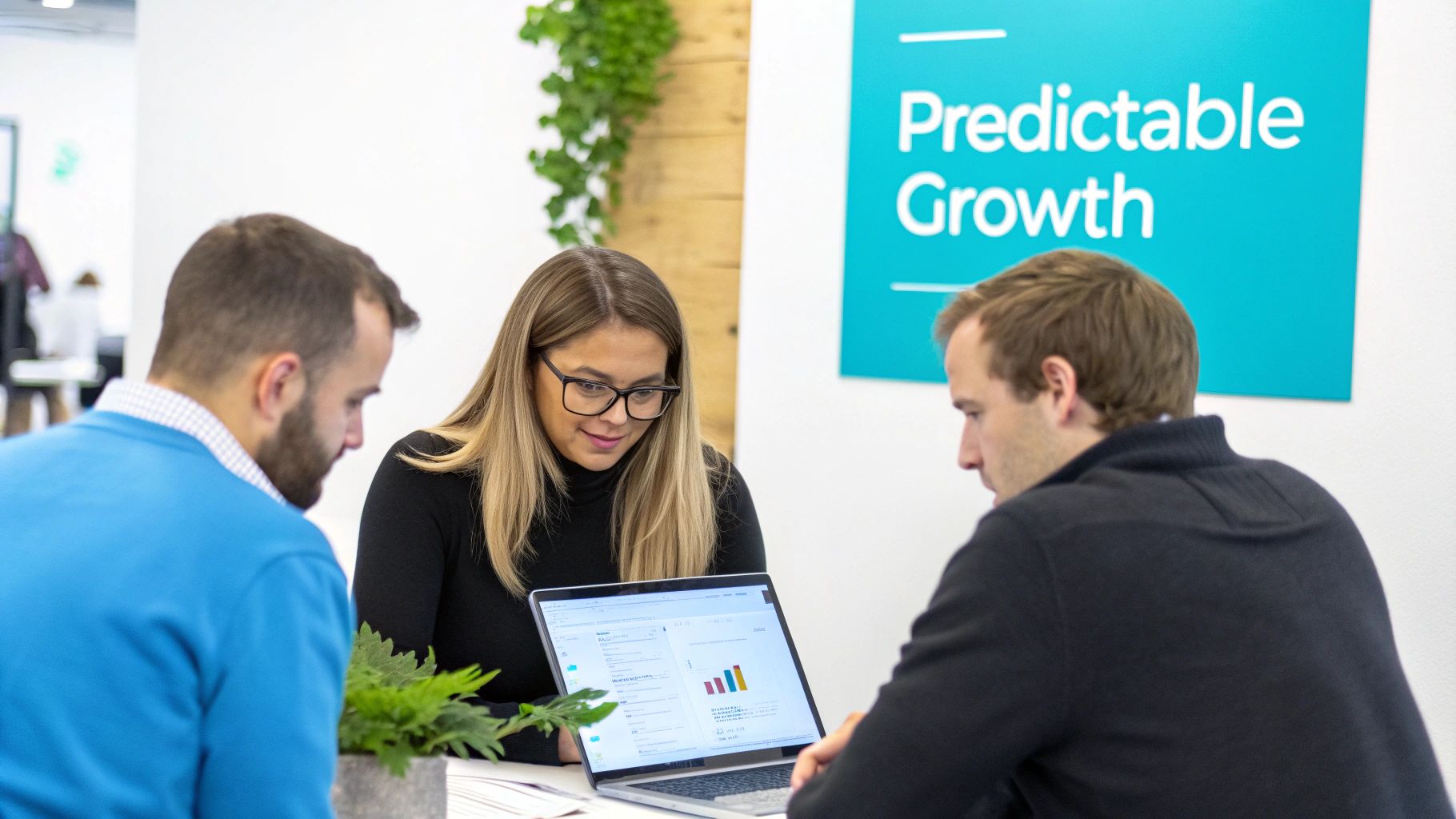 Three professionals collaborate on a laptop displaying data analysis in a modern office.