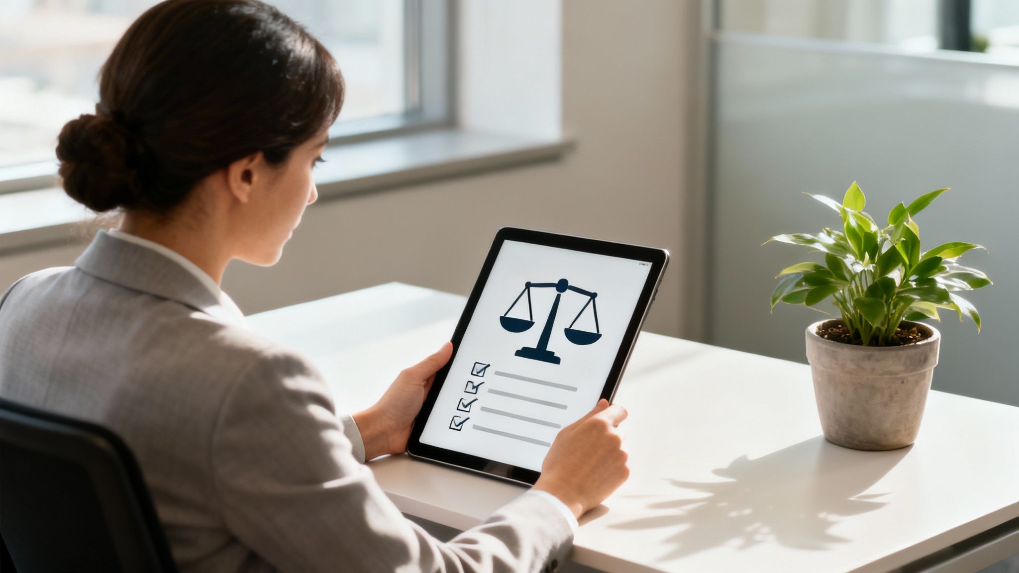 A businesswoman in an office holds a tablet displaying scales of justice and a legal checklist.