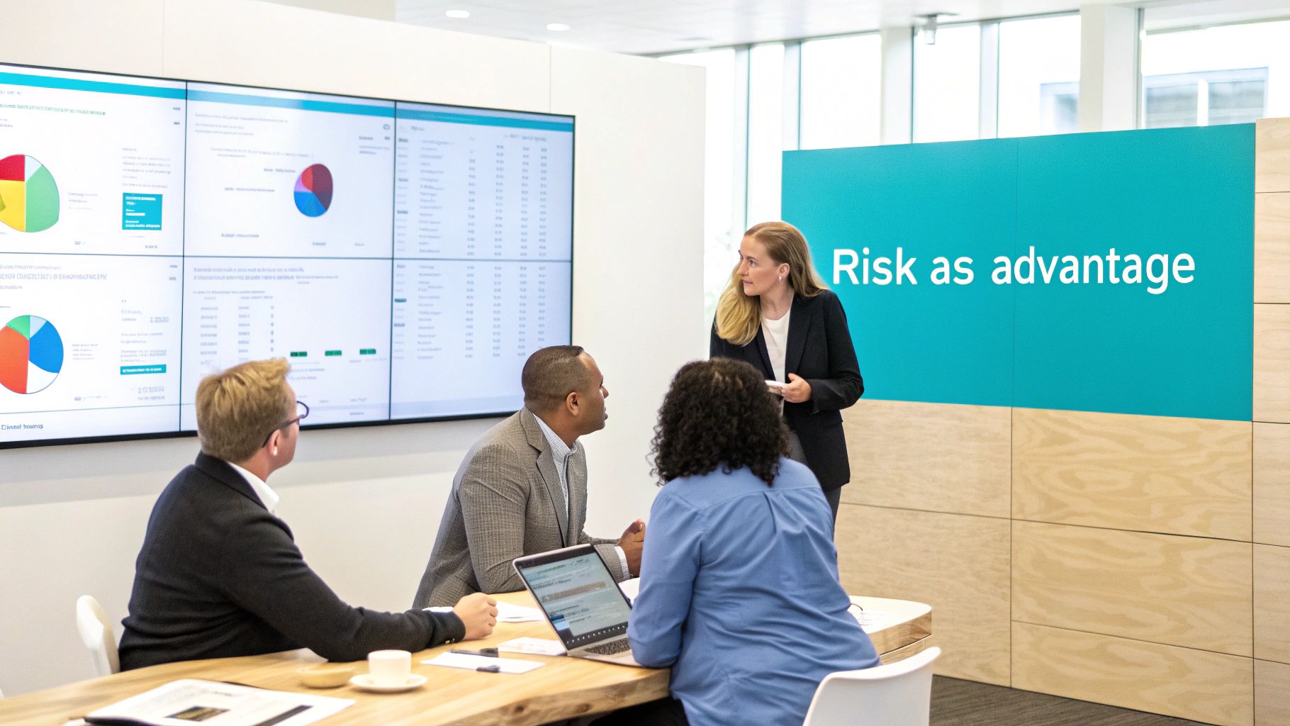Reunión de negocios con una presentadora que analiza "El riesgo como ventaja" con sus colegas cerca de exhibiciones de datos.