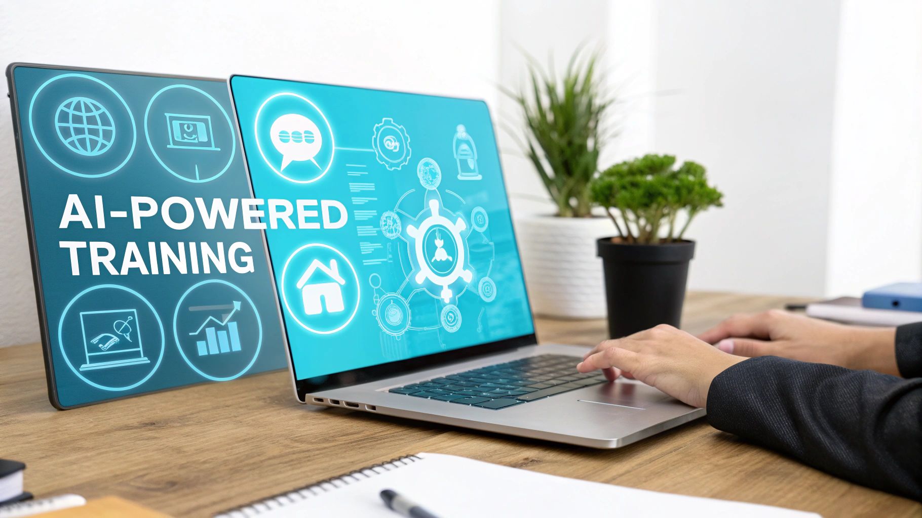 A person types on a laptop next to a tablet showing 'AI-POWERED TRAINING' with various icons.