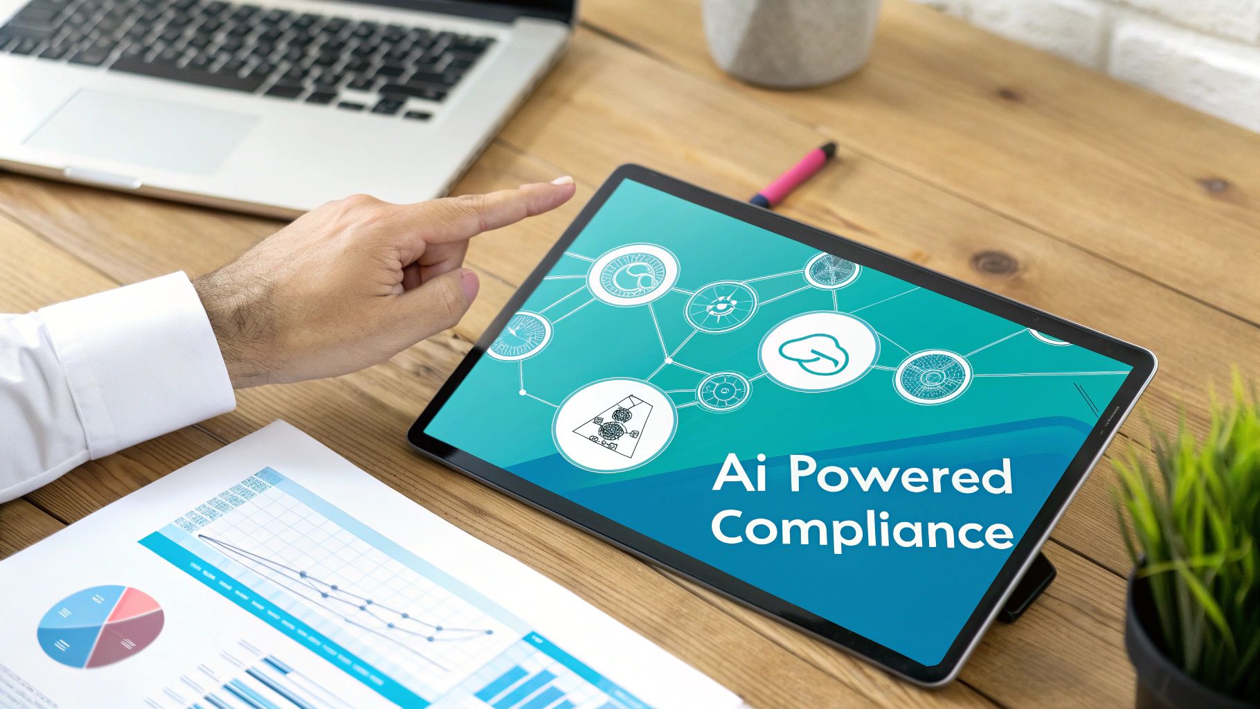 Hand pointing at a tablet displaying &#39;AI Powered Compliance&#39; with network icons on a desk with business documents and a laptop.